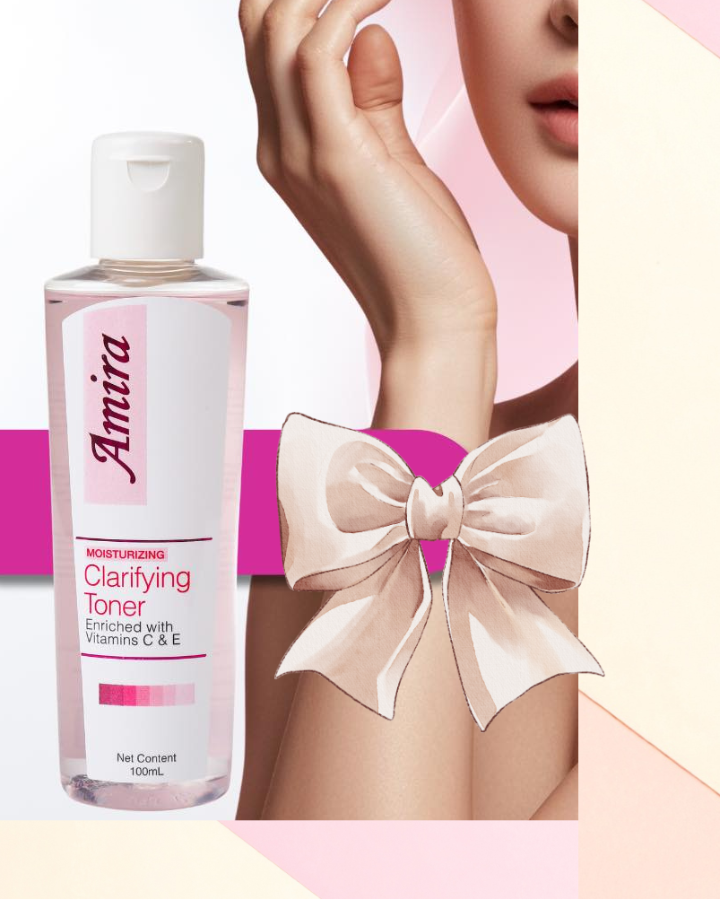 Amira toner bottle with a hand and bow graphic on a pink and white background