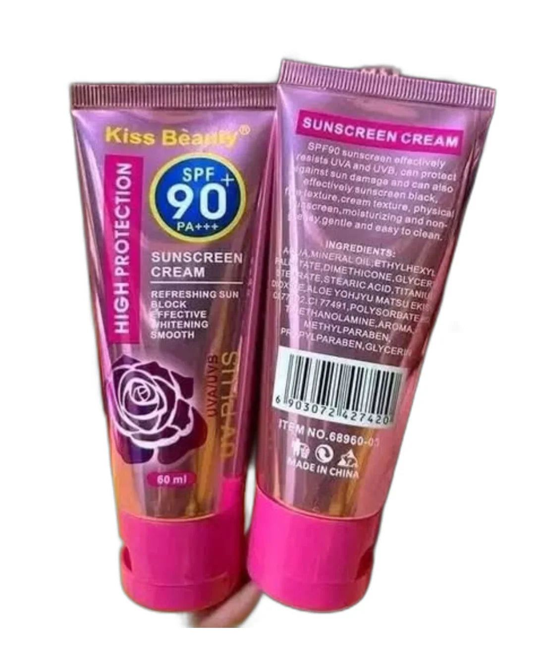 Two tubes of Kiss Beauty sunscreen cream with SPF 90 on a white background
