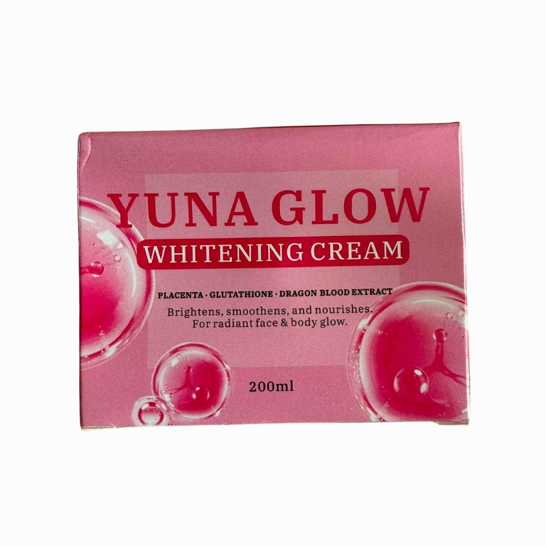 A pink rectangular box of Yuna Glow Whitening Cream, featuring red text and decorative pink liquid droplets on a white background.