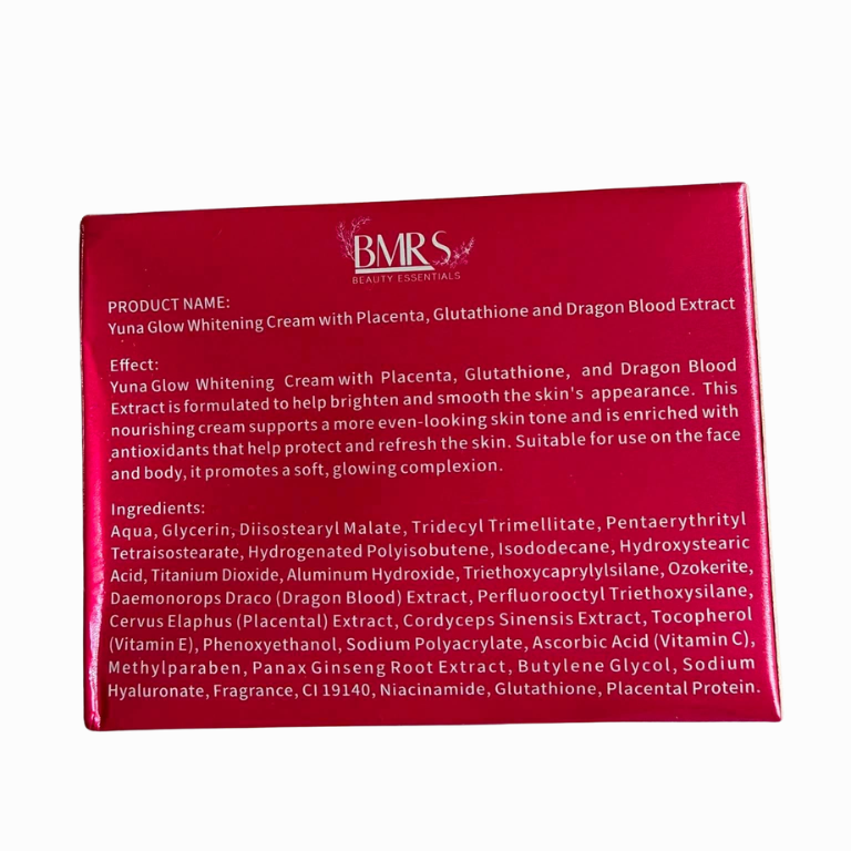 A pink rectangular box for BARS So. Nat Glue Whitening Cream, showing the product name and extensive ingredient list in white text against a white background.