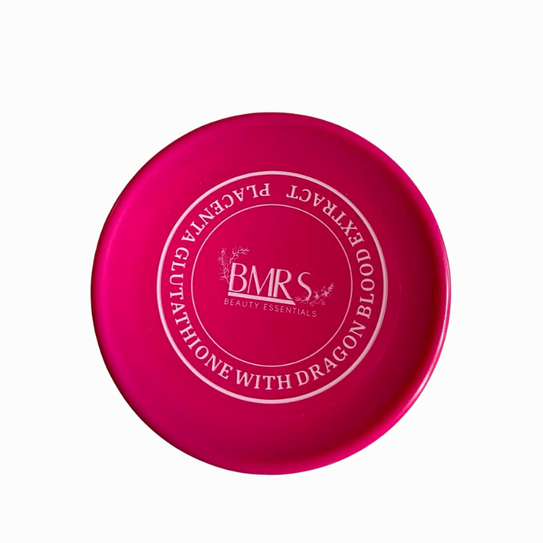 A round, vibrant magenta pink disc with white printed text and logo, shown against a plain white background. The text reads 'BMR'S essential oils' and 'GENTLE LADY OF THE LAND WITH DRAGON EXTRACT'.
