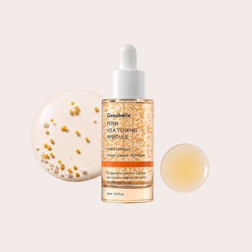 Genabelle Corn Vita Toning Ampoule serum bottle with a white dropper cap, shown on a light beige background with two circular product detail insets displaying the serum and active ingredients.