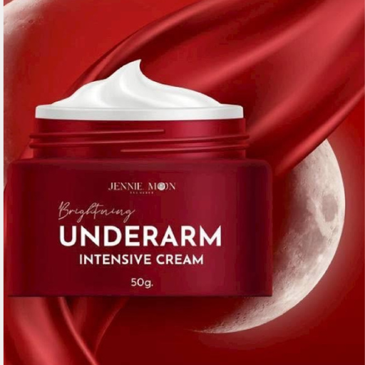 A jar of Jennie Moon Brighting Underarm Intensive Cream with white cream visible at the top, set against a rich red satin background with a large moon graphic.