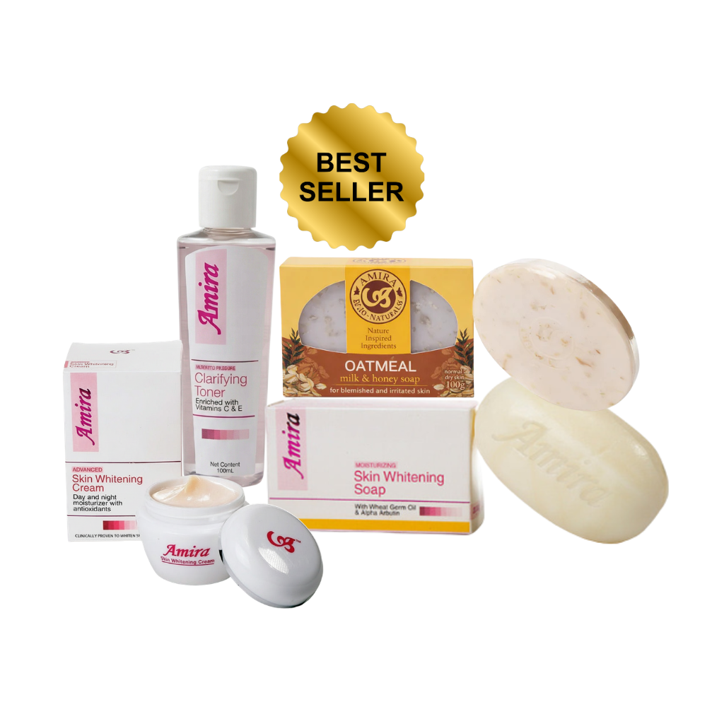Amira skincare products including cream, toner, soap, and scrub with a 'Best Seller' badge on a white background.