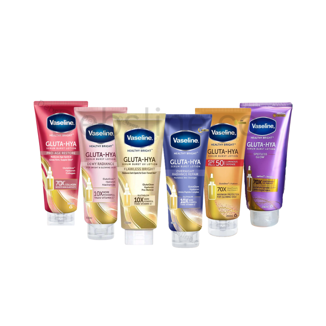 Supports a brighter-looking complexion whitening serum lotion brightening none greasy non sticky lotion 6 variants red pink gold blue orange purple Vaseline Gluta-Hya skincare products on a white background debsline.co
