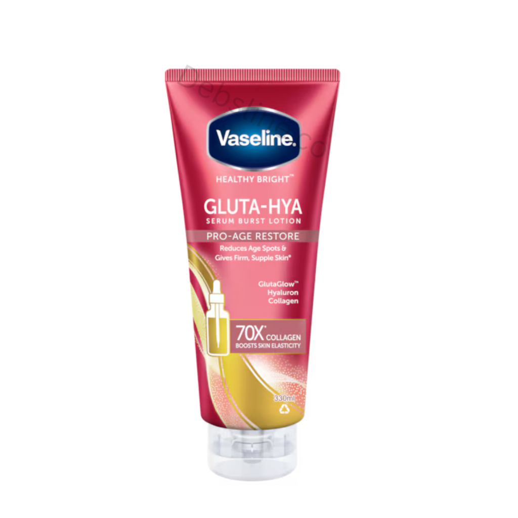 Supports a brighter-looking complexion brightening serum lotion Red Pro-age Restore Vaseline Gluta-Hya lotion red tube on a white background