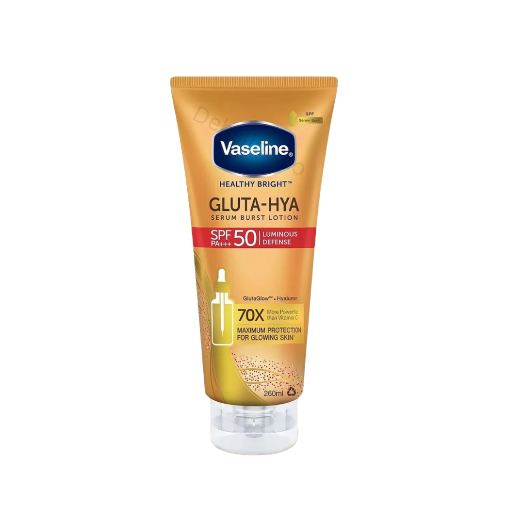 Supports a brighter-looking complexion Vaseline Healthy Bright Gluta-Hya lotion  SPF50 PA+++ orange tube on a white background
