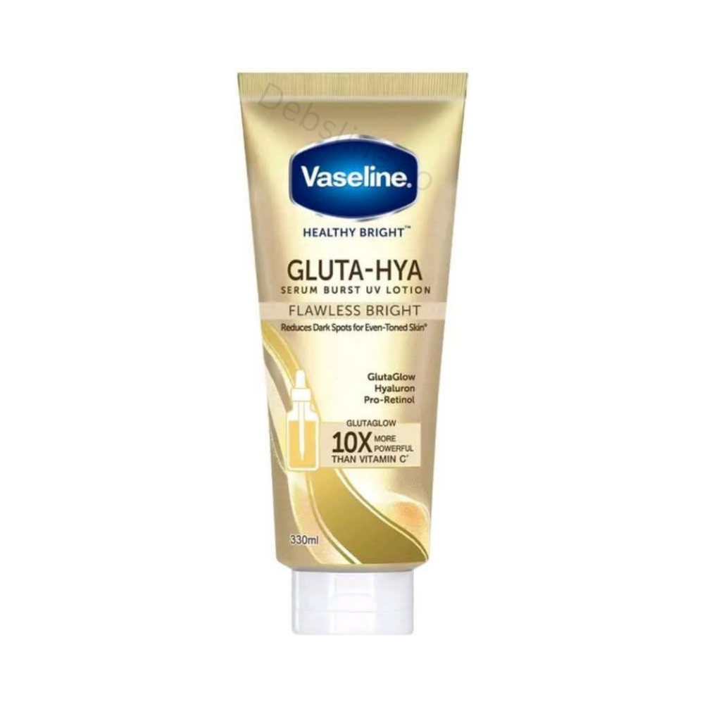 Vaseline Healthy Bright Gluta-Hya Serum burst lotion flawless bright reduces dark spots for even-toned skin .gold tube on a white background