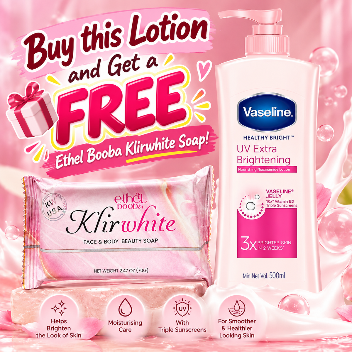 Vaseline Healthy Bright Niacinamide Lotion 500ml Non-Sticky + FREE Klirwhite Soap (Limited Offer)