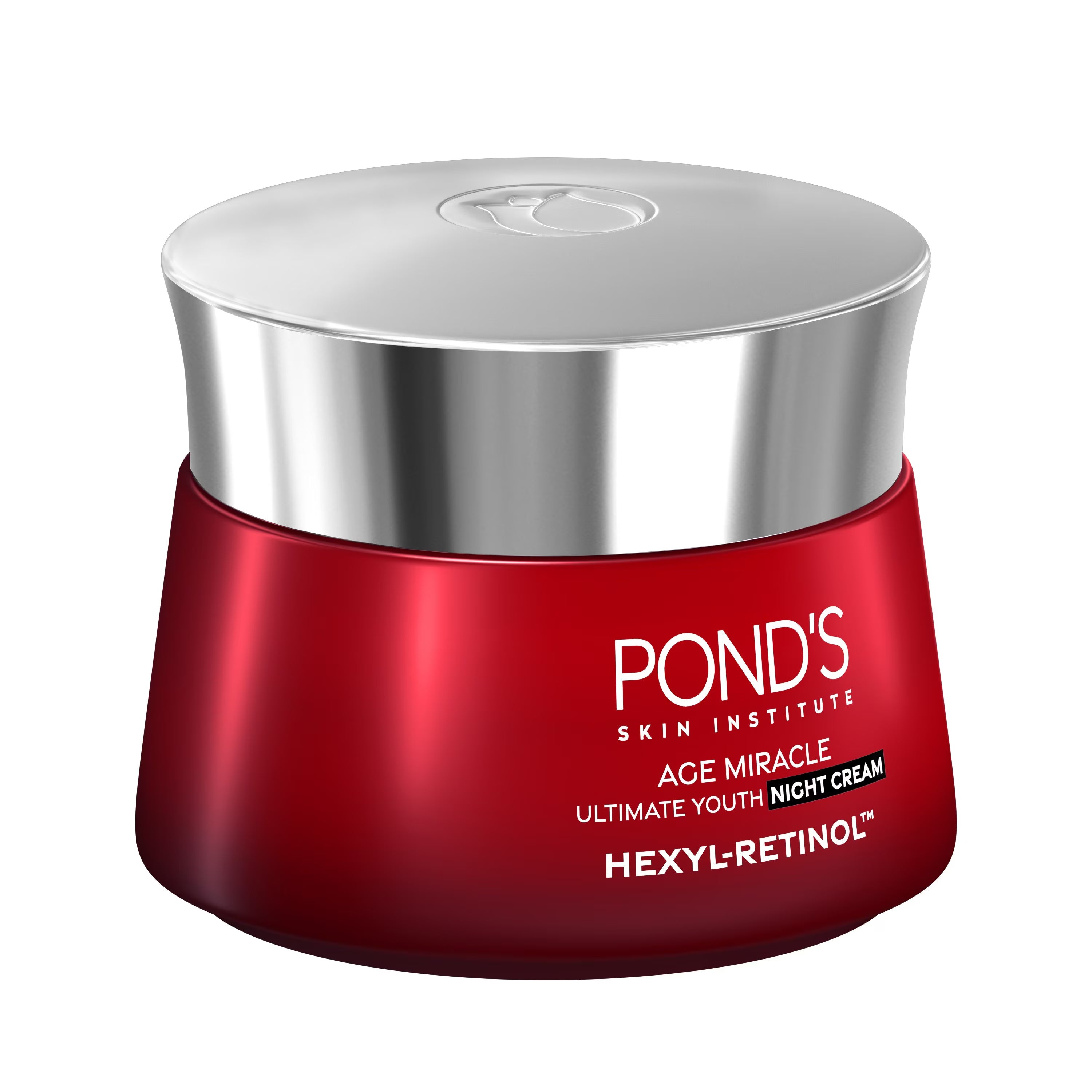 Red jar of Pond's Skin Institute Age Miracle Hexyl-Retinol night cream on a white background