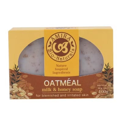 Amira Bio-Naturals oatmeal milk and honey soap packaging on a white background