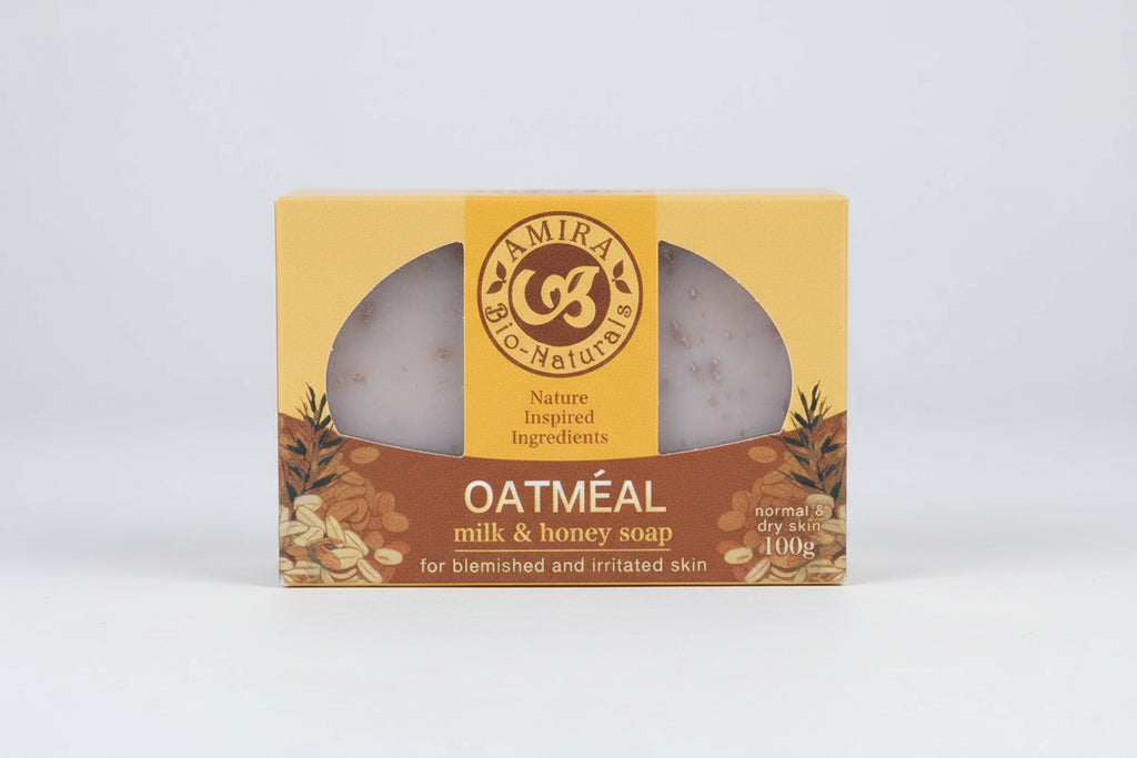 Amira Bio-Naturals oatmeal milk and honey soap packaging on a white background