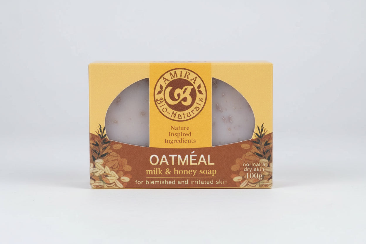 Amira Bio-Naturals oatmeal milk and honey soap packaging on a white background