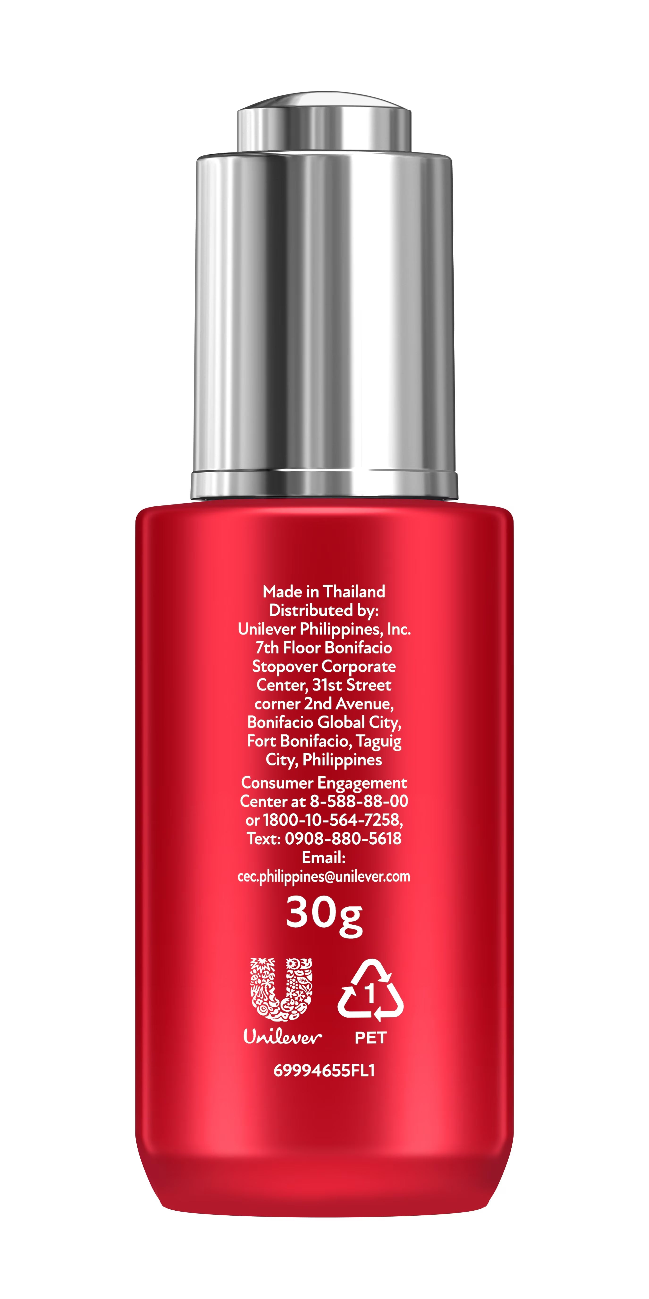 Red skincare bottle with silver cap on a white background