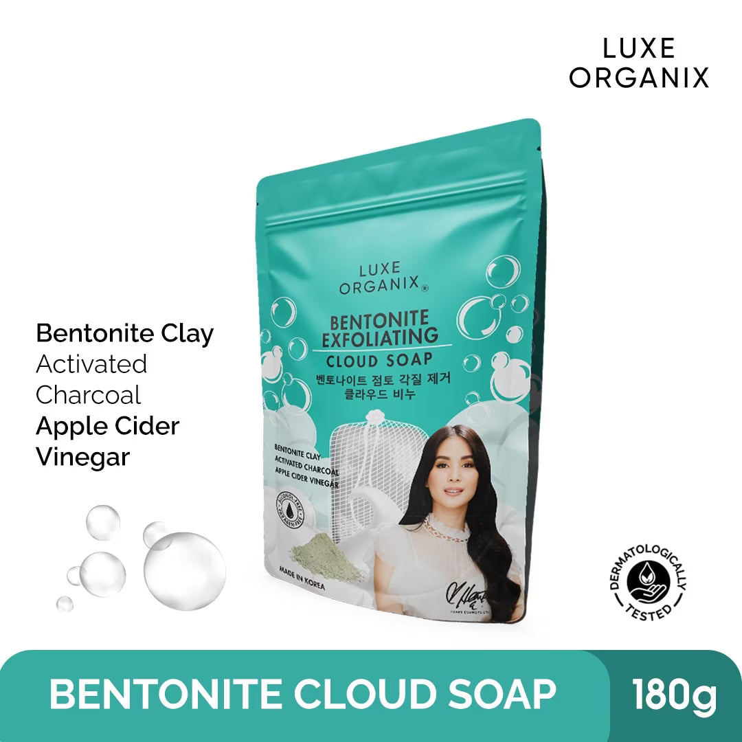 Luxe Organix Bentonite Cloud Soap packaging with a woman's face on it, featuring text about ingredients and weight.