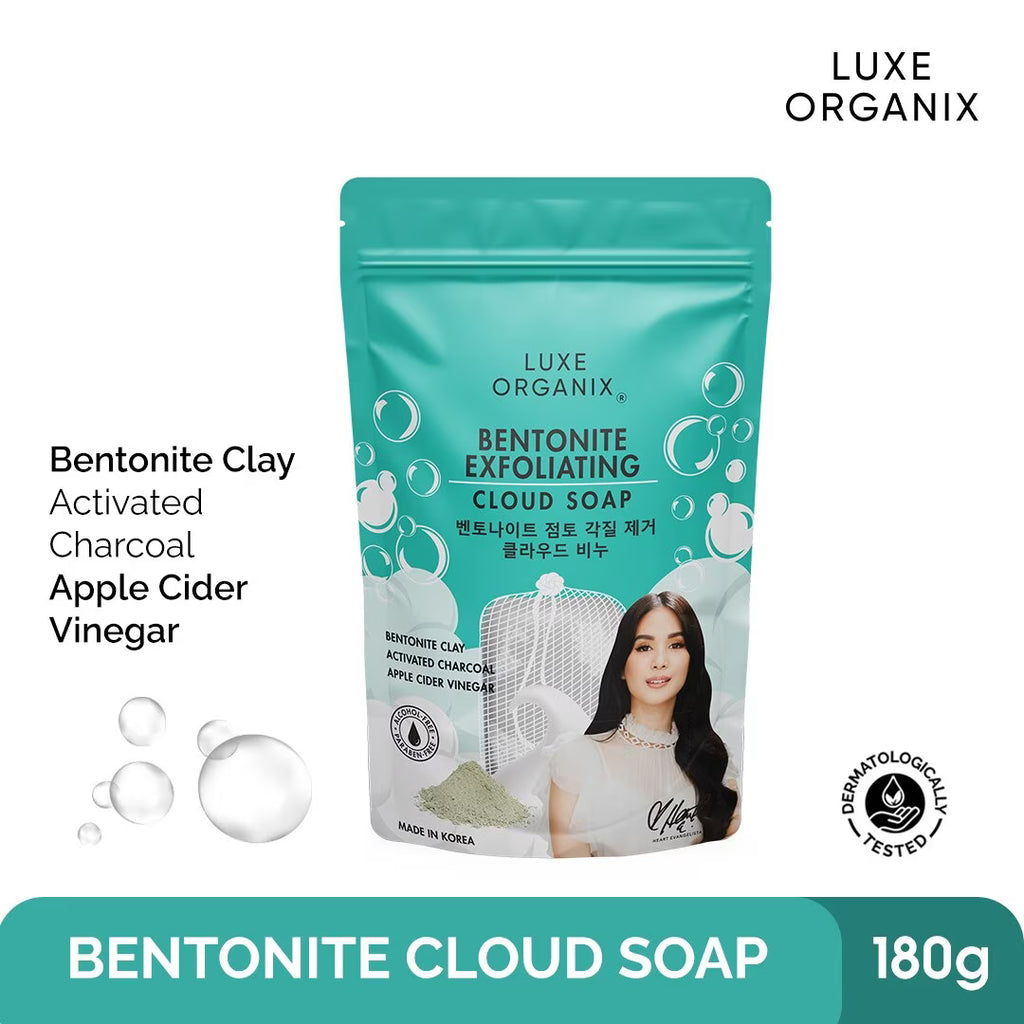 Luxe Organix Bentonite Cloud Soap packaging with a woman's face on a white background