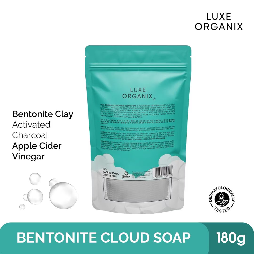 Bentonite Cloud Soap packaging with Luxe Organix branding on a white background