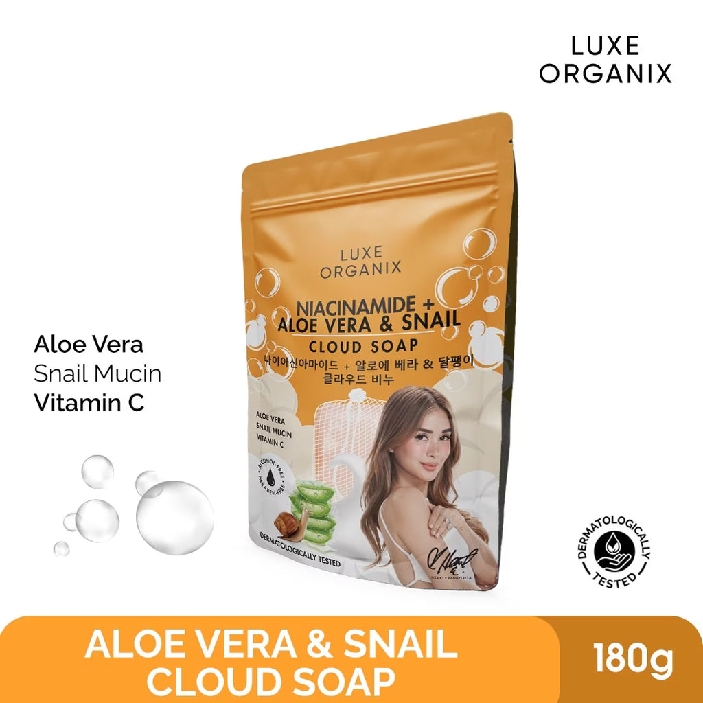 Luxe Organix Aloe Vera & Snail Cloud Soap packaging with product details on a white background