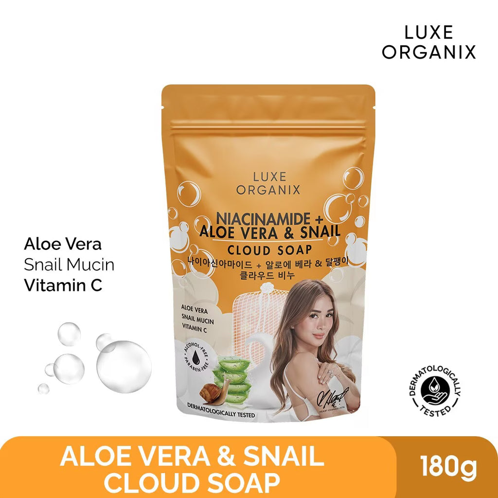 Luxe Organix Niacinamide Aloe Vera & Snail Cloud Soap packaging with product details on a white background.