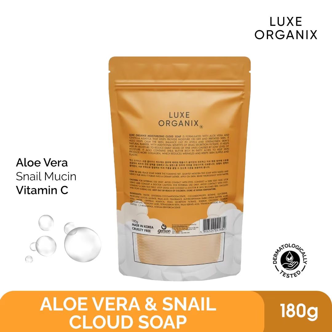Luxe Organix aloe vera, snail mucin, and vitamin C soap package on a white background