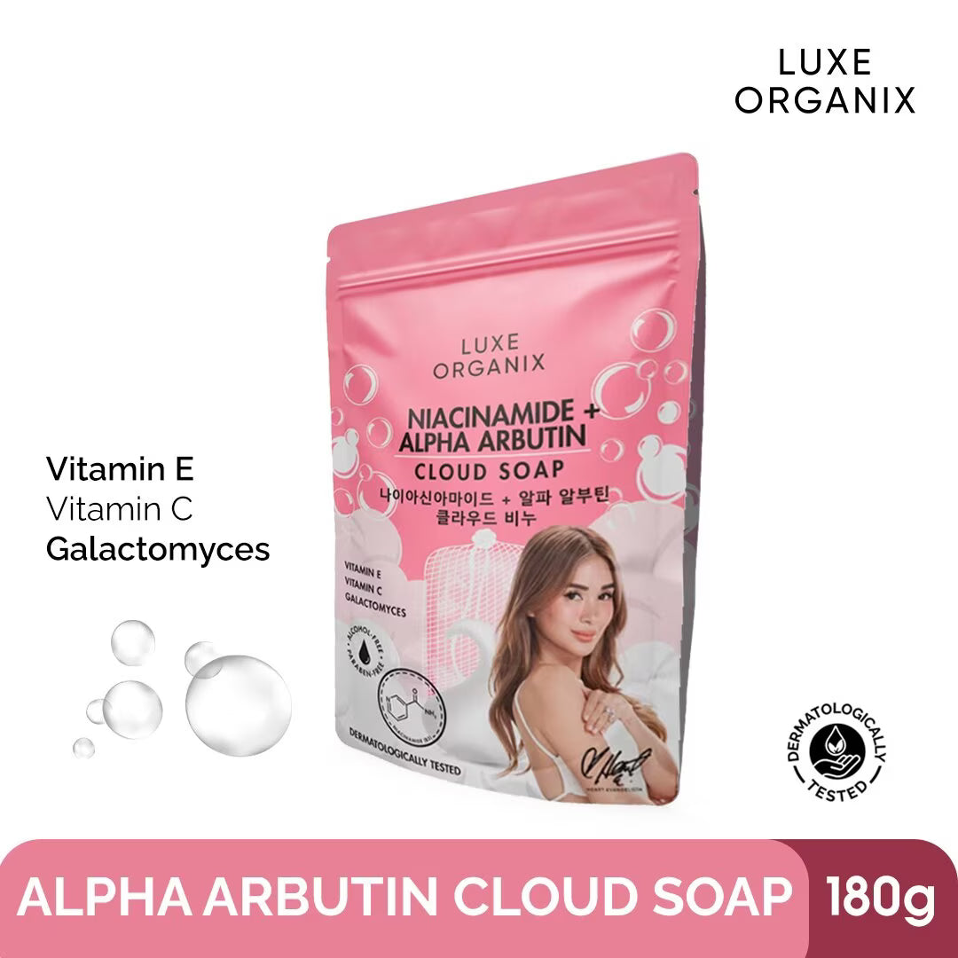 Luxe Organix Alpha Arbutin Cloud Soap packaging with product details on a white background