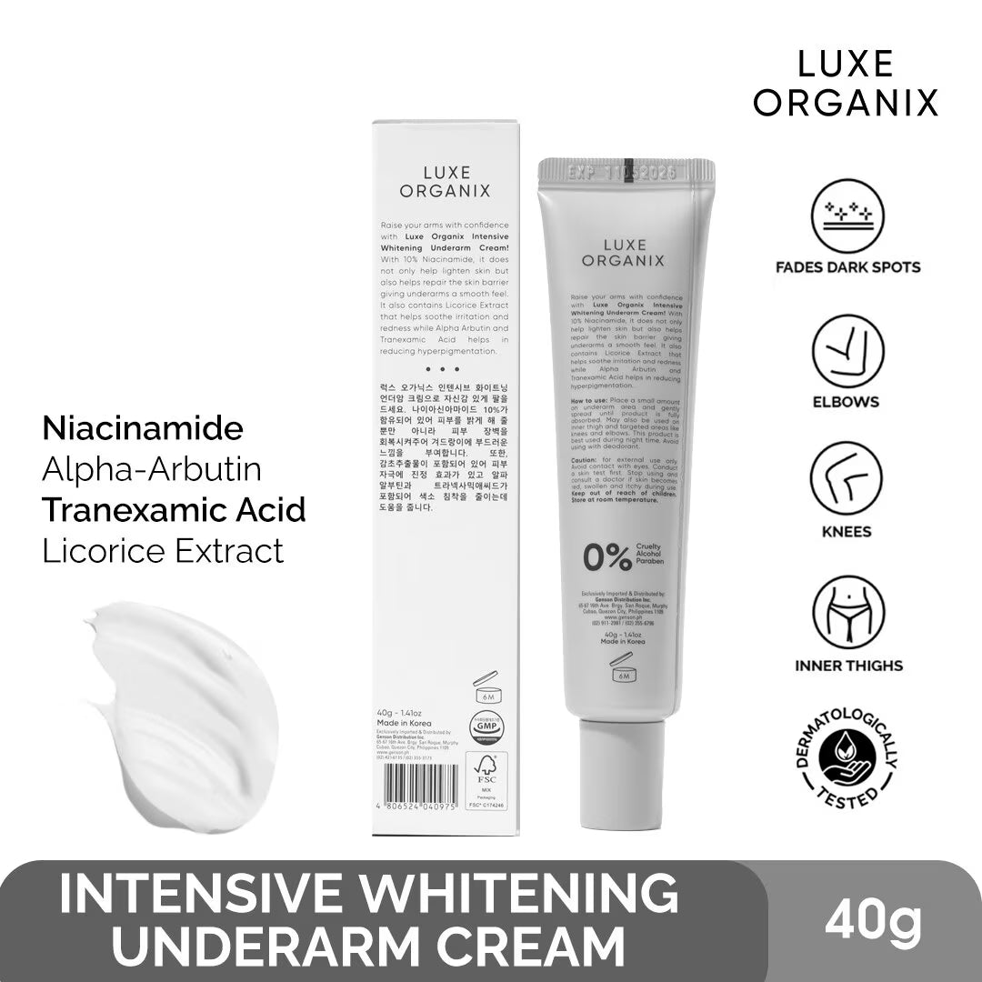 Luxe Organix intensive whitening underarm cream with packaging and ingredients listed.