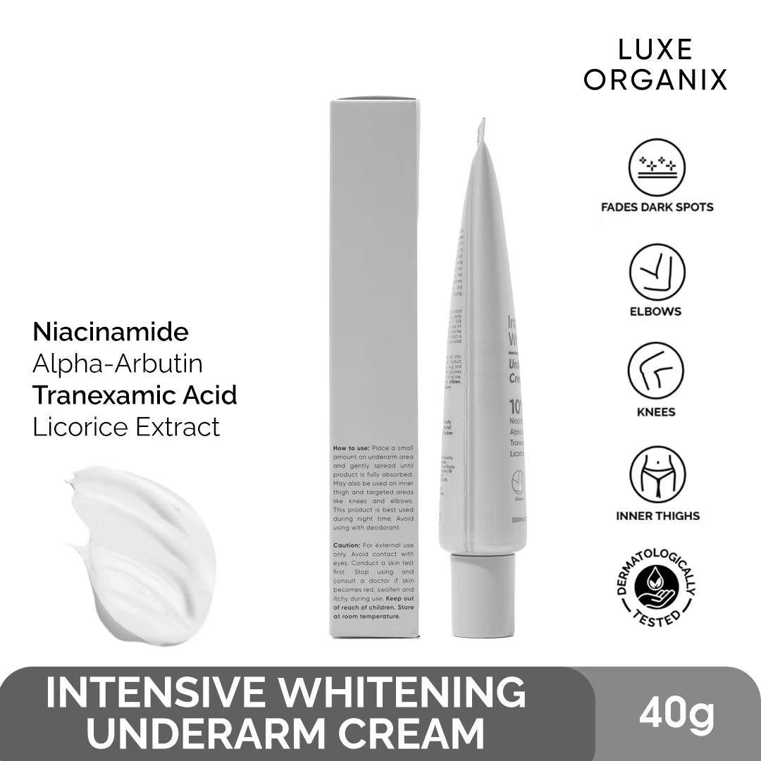 Intensive whitening underarm cream with Luxe Organix branding and ingredients listed.
