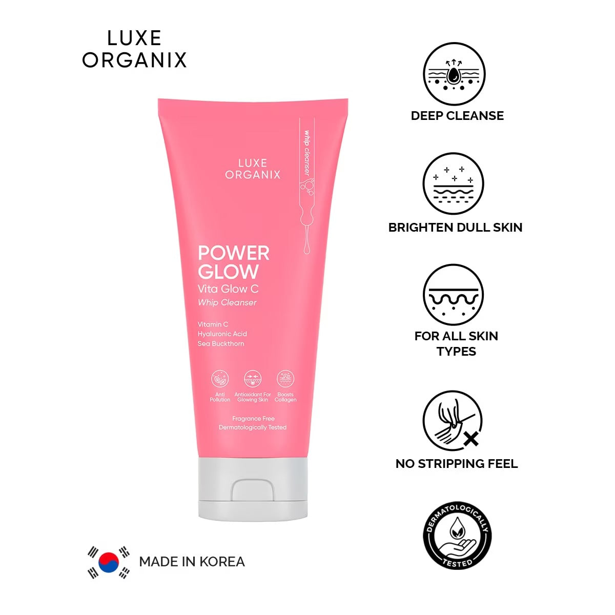 Luxe Organix Power Glow Serum Vita Glow C Whip Cleanser 150g debsline.co