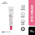 Luxe Organix Bright Eyes Eye Cream packaging with product details on a white background
