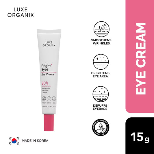 Luxe Organix Bright Eyes Eye Cream packaging with product details on a white background