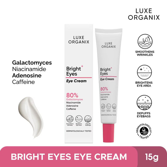 Luxe Organix Bright Eyes Eye Cream packaging with product details on a white background