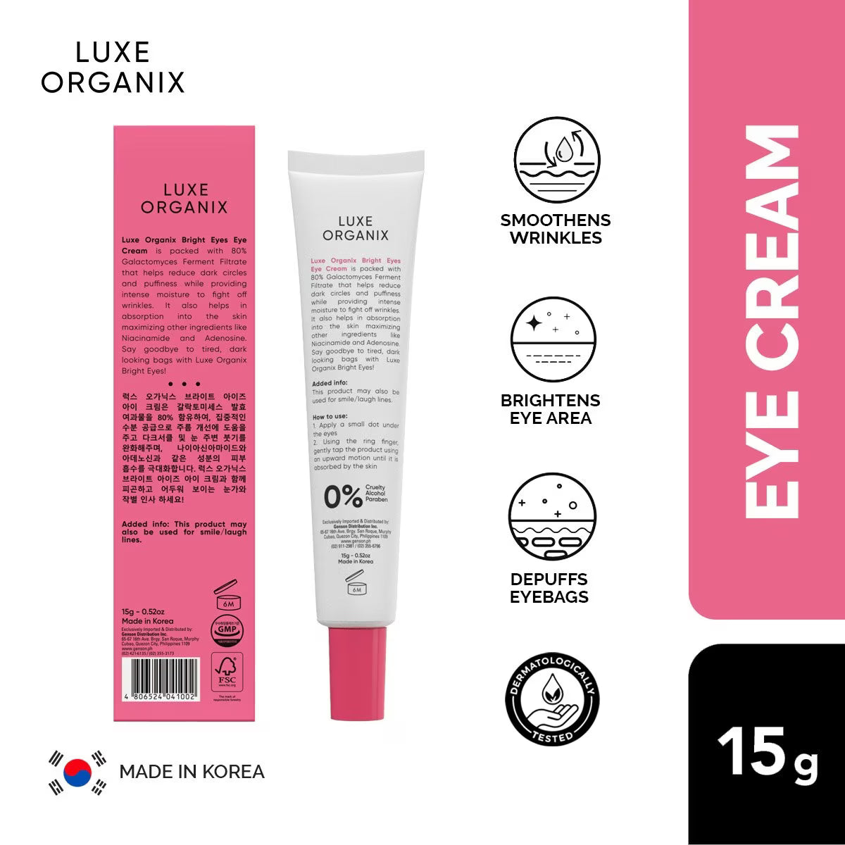 Luxe Organix eye cream packaging with text and icons on a white background