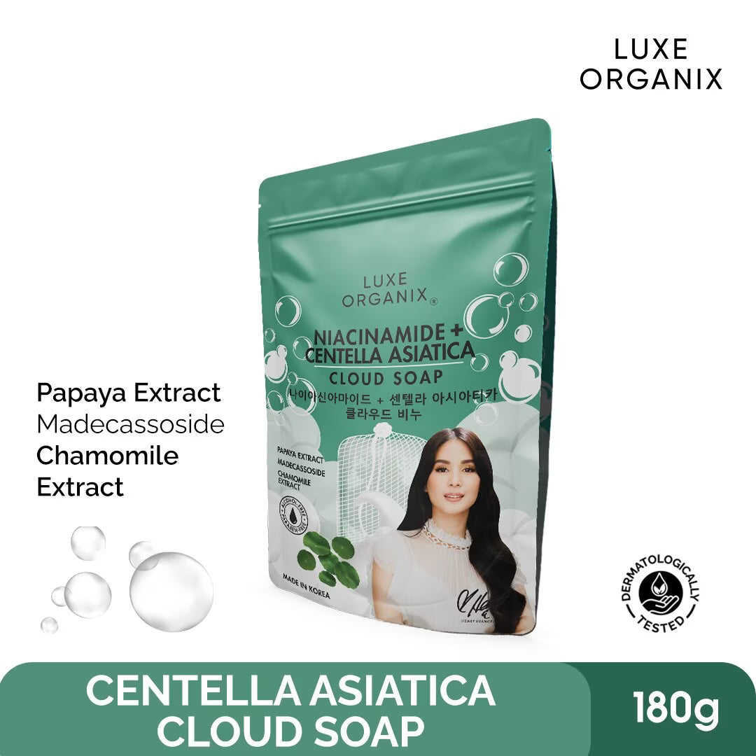Luxe Organix Centella Asiatica Cloud Soap packaging with a woman's face on a white background