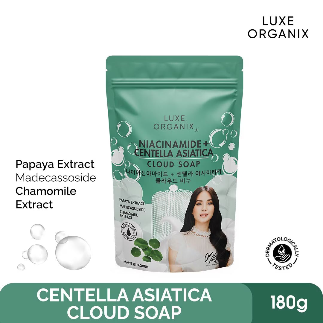 Luxe Organix Centella Asiatica Cloud Soap packaging with a woman's face on a white background