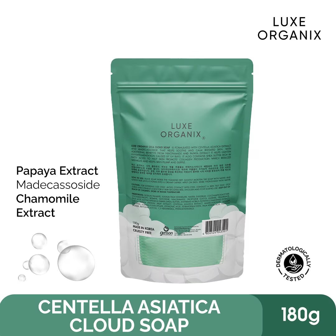 Luxe Organix Centella Asiatica Cloud Soap packaging with ingredients listed on a white background