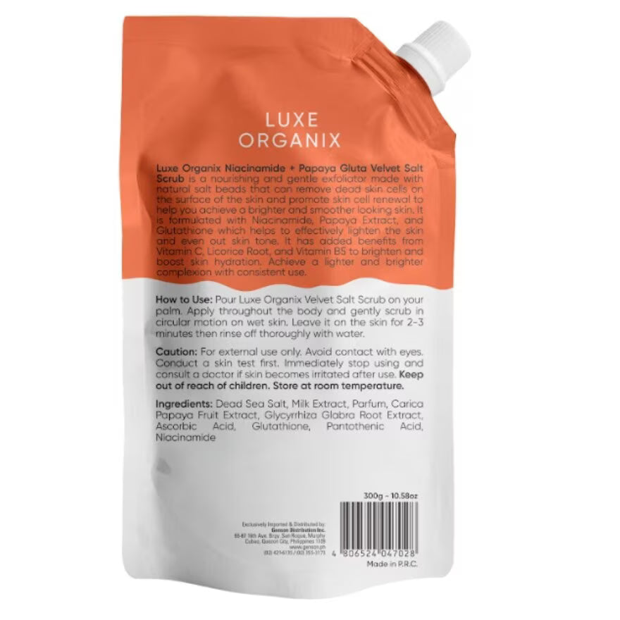 Back view of a Luxe Organix product packaging with text and branding.