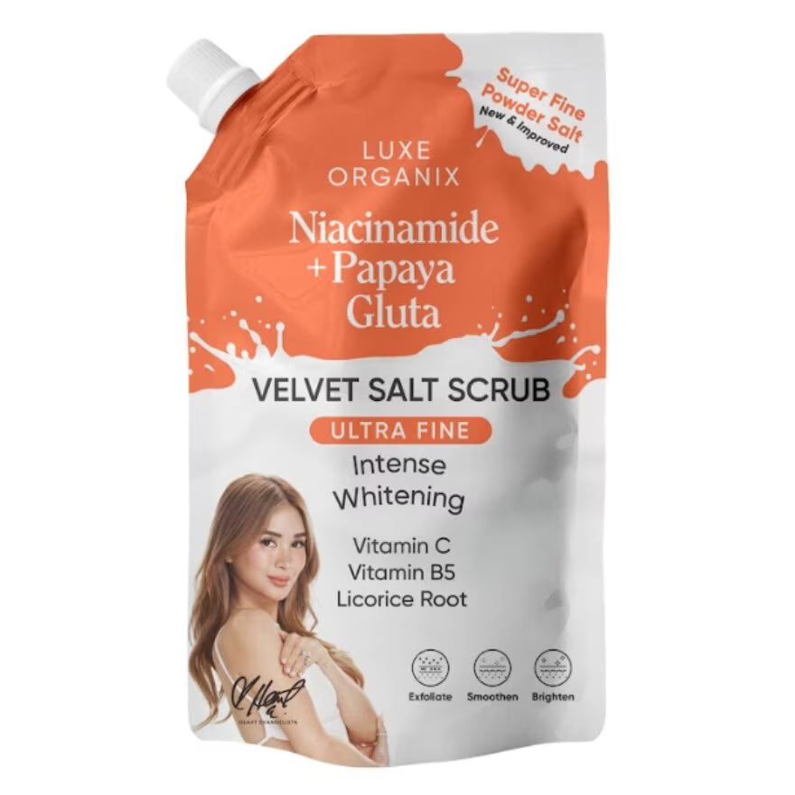 Luxe Organix Niacinamide + Papaya Gluta Velvet Salt Scrub packaging on a white background