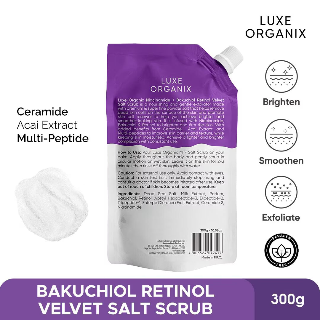 Purple packaging of Luxe Organix Bakuchiol Retinol Velvet Salt Scrub with product details on a white background.