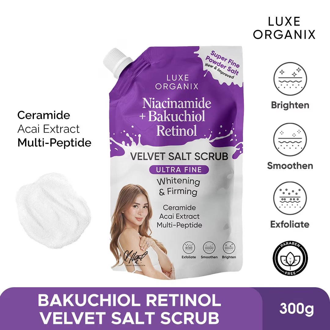 Purple packaging of Luxe Organix Velvet Salt Scrub with product details and benefits on a white background.