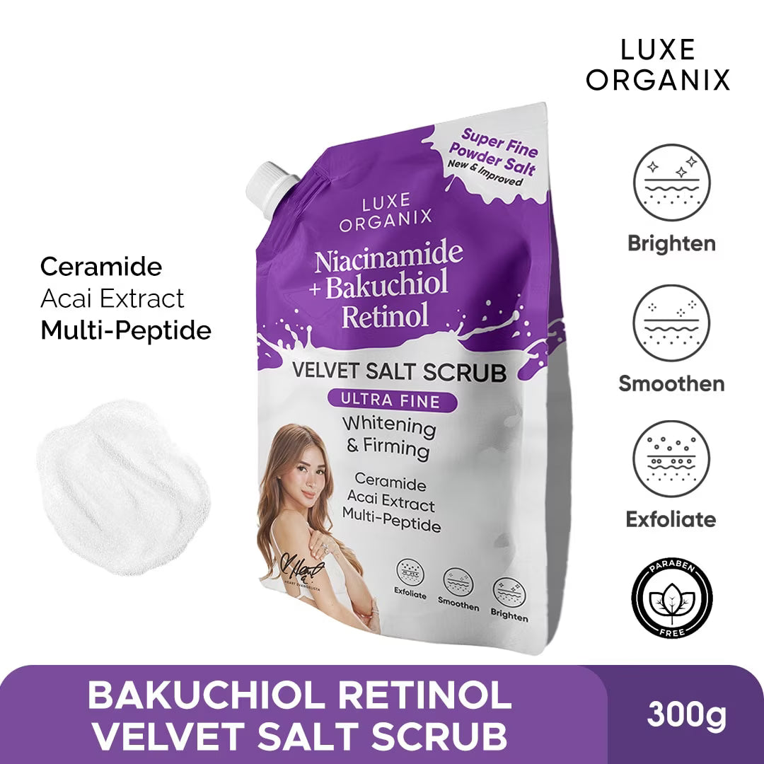 Luxe Organix Bakuchiol Retinol Velvet Salt Scrub packaging with product and branding details.
