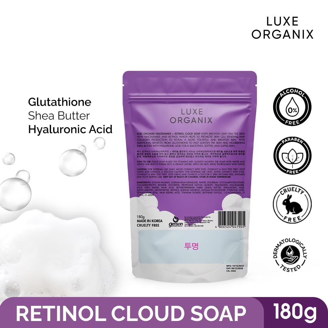 Purple packaging of Luxe Organix Retinol Cloud Soap with product details on a white background