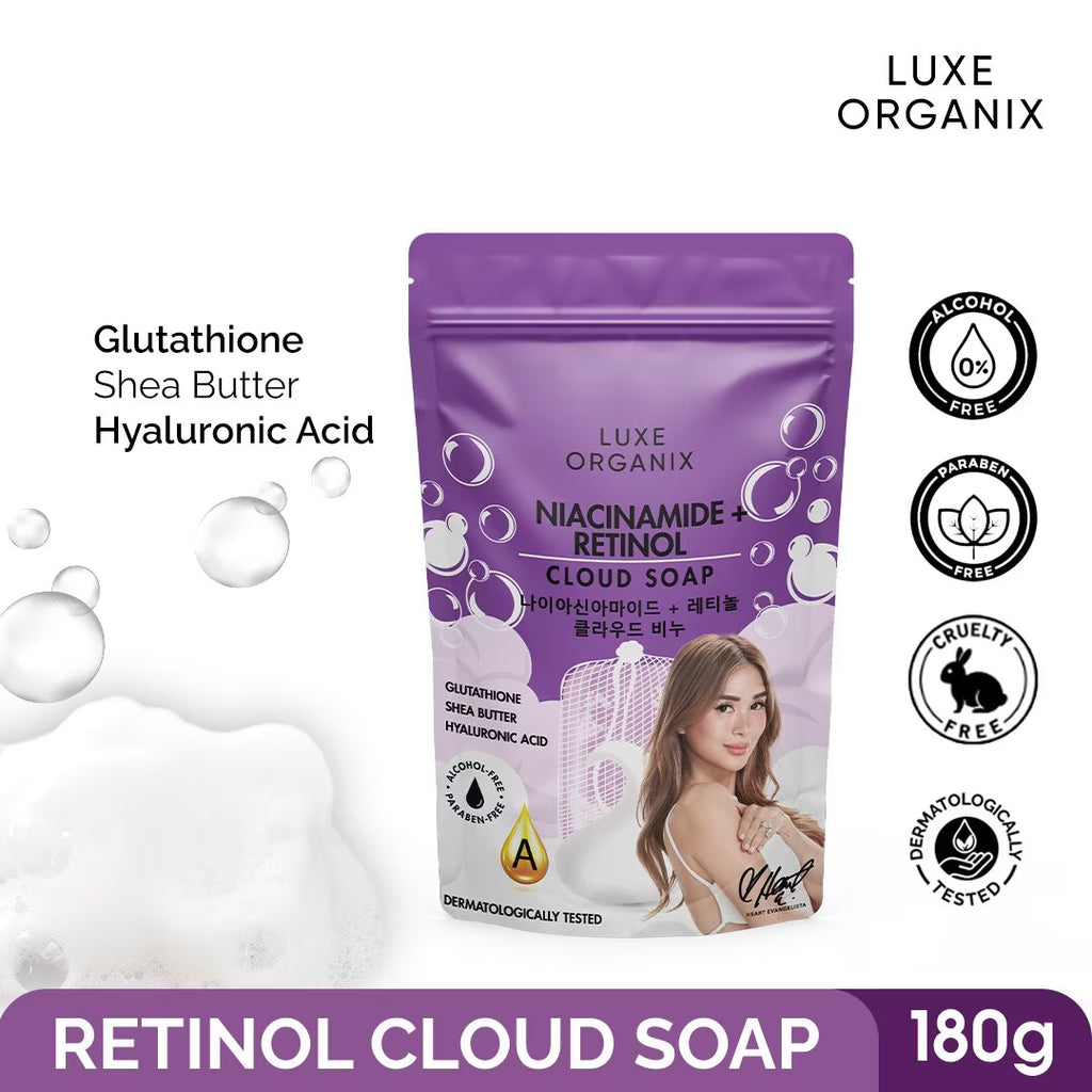 Purple package of Luxe Organix Retinol Cloud Soap with product details and branding icons on a white background.