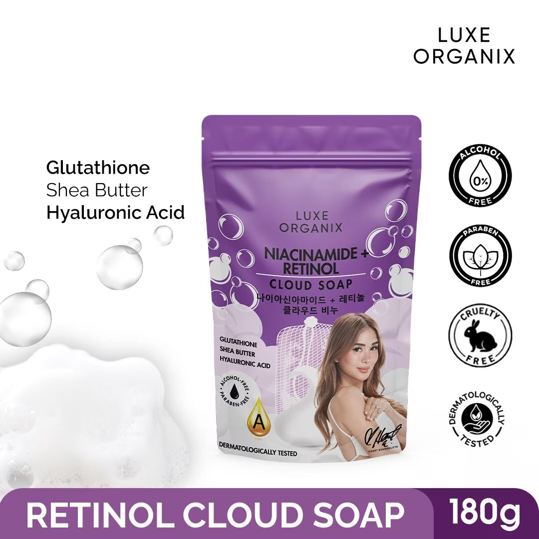 Purple package of Luxe Organix Retinol Cloud Soap with product details and branding icons on a white background.