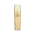 Skincare toner bottle with gold cap on a white background