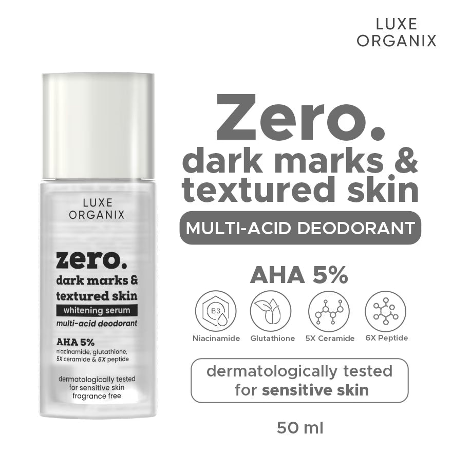 Luxe Organix zero. dark marks & textured skin whitening serum with product details on a white background