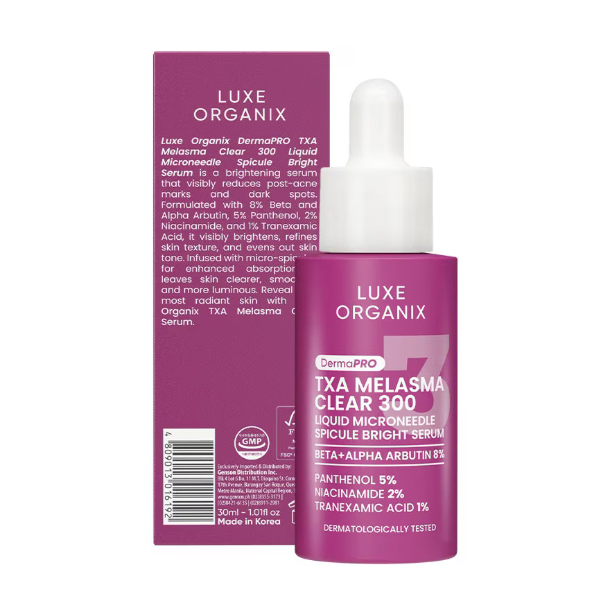 Luxe Organix TXA Melasma Clear 300 serum bottle and packaging on a white background
