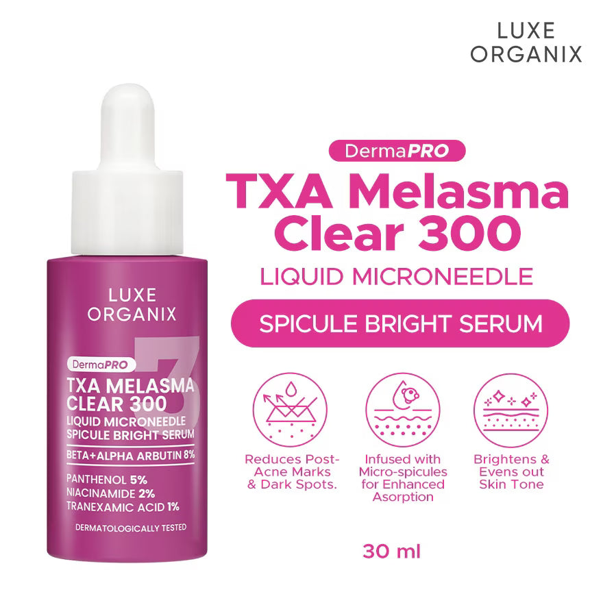 Luxe Organix TXA Melasma Clear 300 serum bottle with product details on a white background