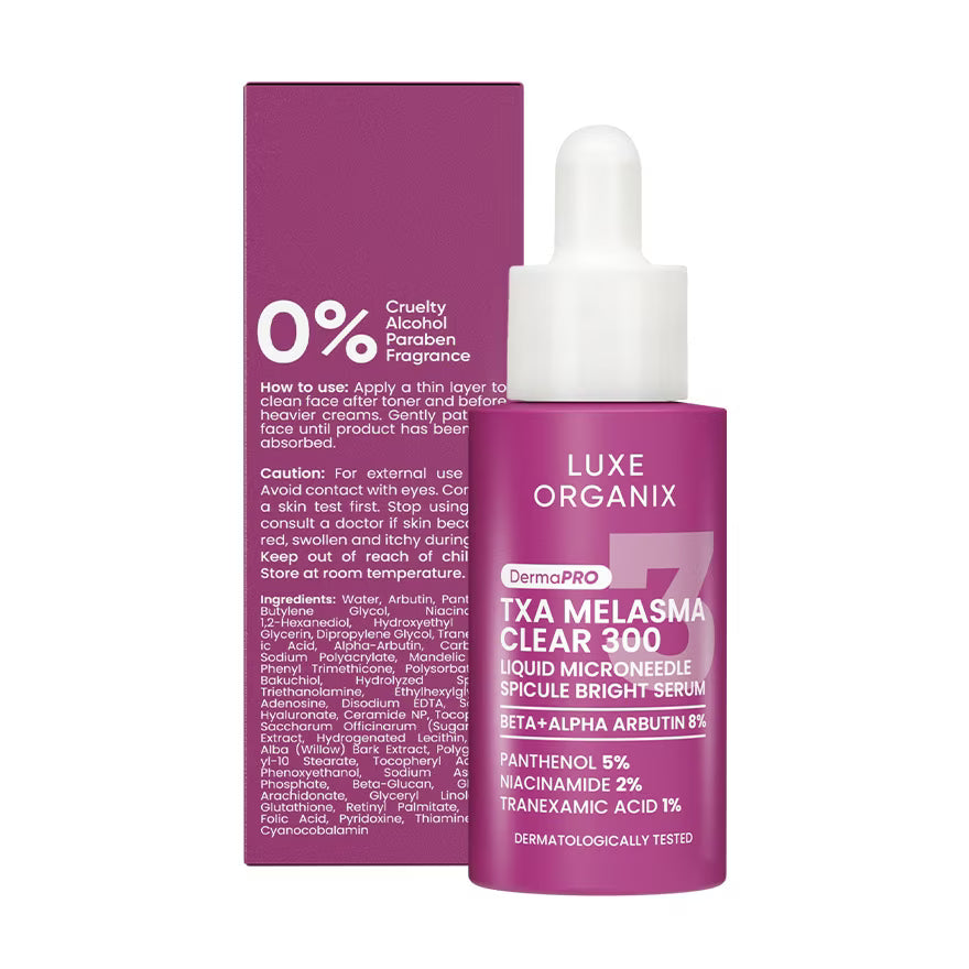 Purple skincare serum bottle with dropper and packaging on a white background