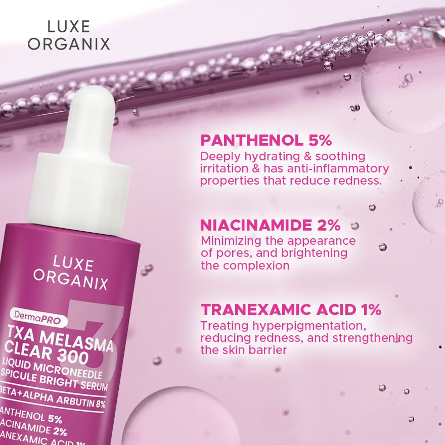 Luxe Organix TXA Melasma Clear 300 serum bottle with dropper on a pink background with text about ingredients.
