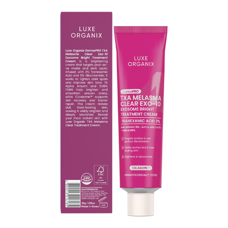 Luxe Organix TXA Melasma Clear EXO-10 treatment cream packaging on a white background